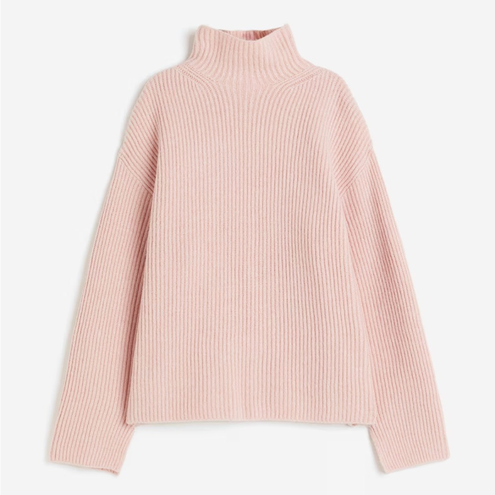 Pink Rib-Knit Turtleneck Sweater